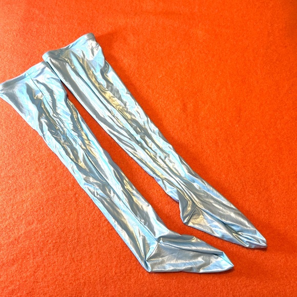 Simone Wild icy blue lame stretchy satin tigh-highs overknee socks NWOT - Picture 2 of 9